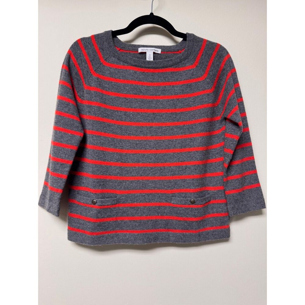 AUTUMN CASHMERE Red/Gray Striped, Cropped 100% Cashmere Sweater, Pockets, Sz XS